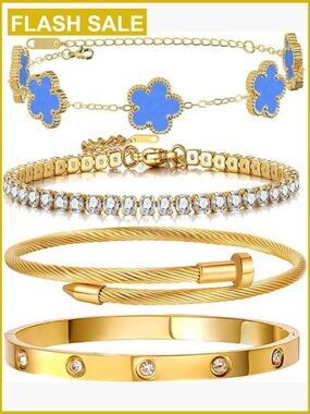 18K Gold Plated Tennis Bracelet Set, 4 Piece Stackable Bangle Jewelry
